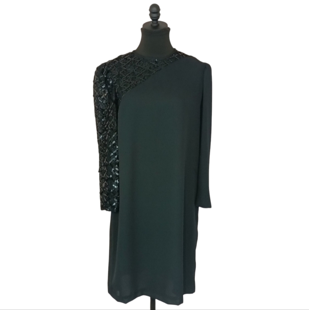 Vintage 70s Miss Elliotte Womens Black Sequins Midi Dress size 12 Glam